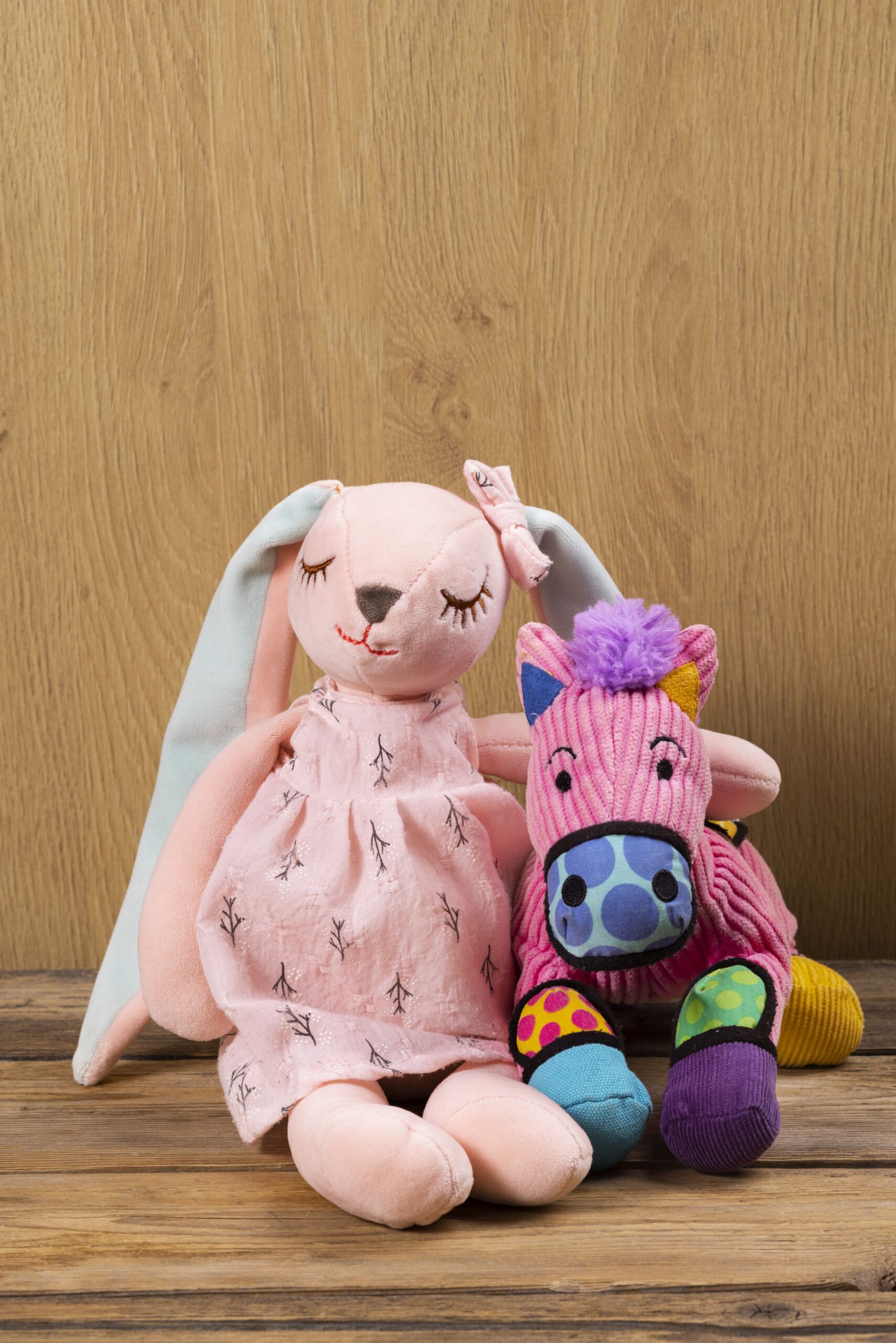 cute plush bunny and colorful stuffed toy sitting together on wooden surface